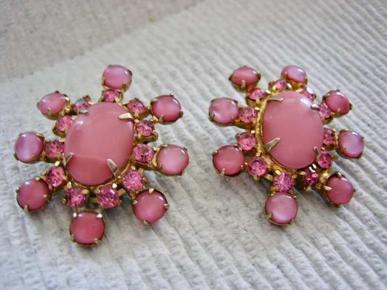 Vintage Large Pink Moonstone Rhinestone Earrings Clip on