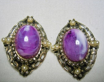 Vintage Purple Marble Stone Earrings Clip on