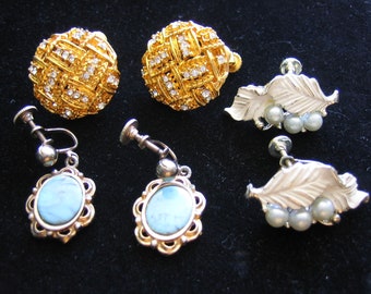 Vintage Lot of 3 pair of Earrings Rhinestone Enamel Pearl Turquoise