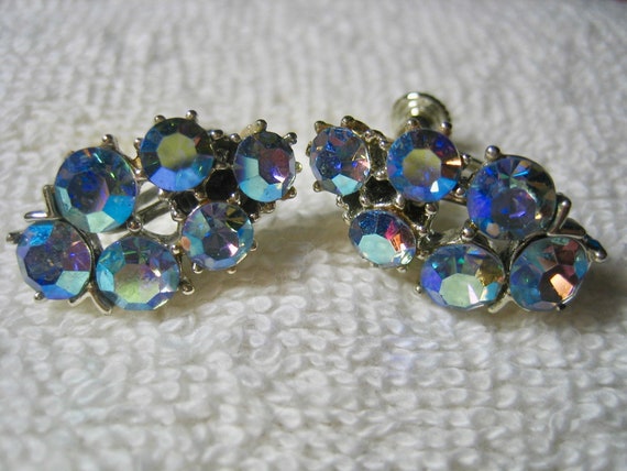 Vintage CORO Blue AB Rhinestone Earrings Screw ba… - image 2