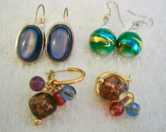 Vintage Lot of 3 Pair of Pierced Earrings Green Blue & Amber