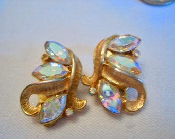 Vintage Gold Aurora Borealis Earrings Clip on