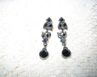 Vintage Clear & Black Rhinestone Earrings Clip on