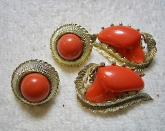 Vintage 2 pair CORO Coral Thermoset Earrings Clip on