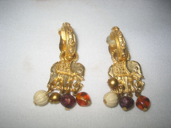 Vintage Egyptian Revival Elephant Dangle Drop Ear… - image 2