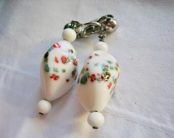 Vintage White Milk Glass Fancy Colors Dangle Drop Earrings