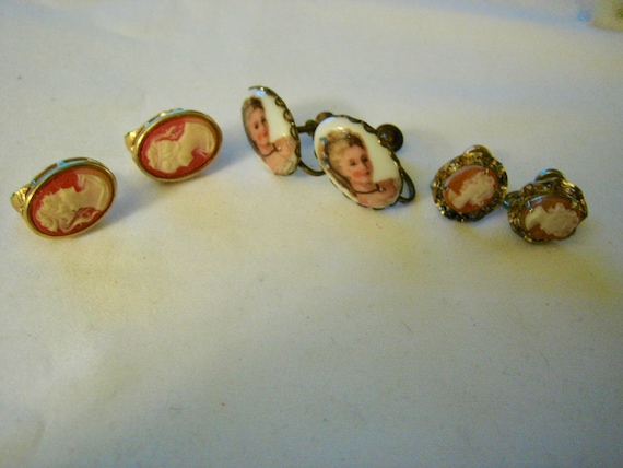 Antique Vintage 3 Pair of Cameo Earrings - image 1