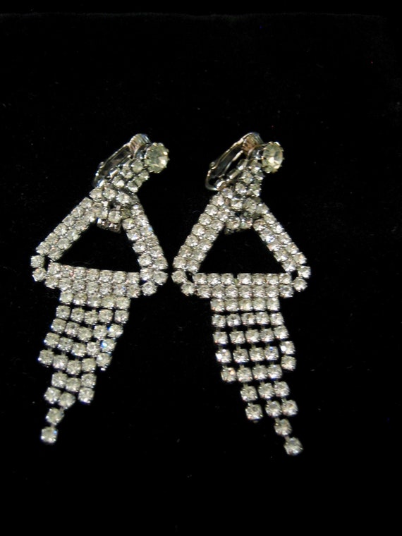 Vintage Long Dangle Drop Rhinestone Clip on Earri… - image 3