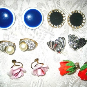 Vintage Lot of 6 Pair Earrings Rhinestones Enamel Clip on