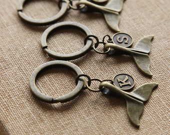 Whale tail and Personalized Initial Key chains,Antique bronze, Antique silver Key chains BF Keychain, BFF Gift, Boyfriend gift