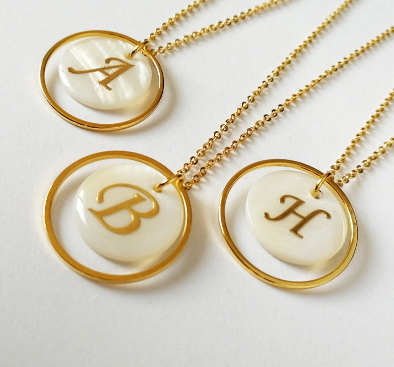 Golden Initial Necklace Mother of Pearl Letter Charm Etsy