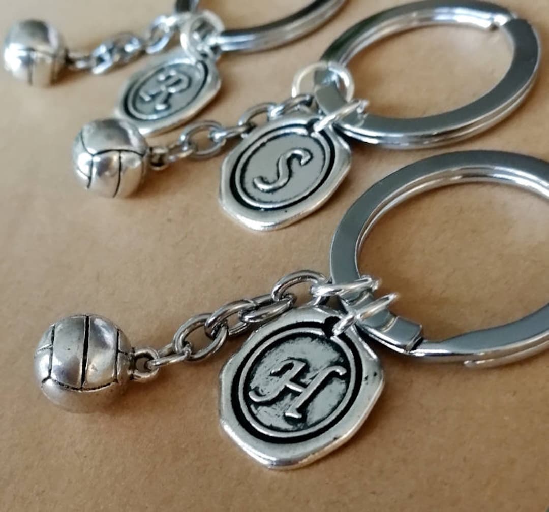 Antique Silver Keychain, 3D Volleyball and Personalized Initial ...
