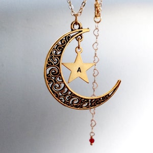Colar de lua, pingente de lua dourada antiga e estrela de letra personalizada, eu te amo, presente de mãe e filha, presente para o amor, presente para ela