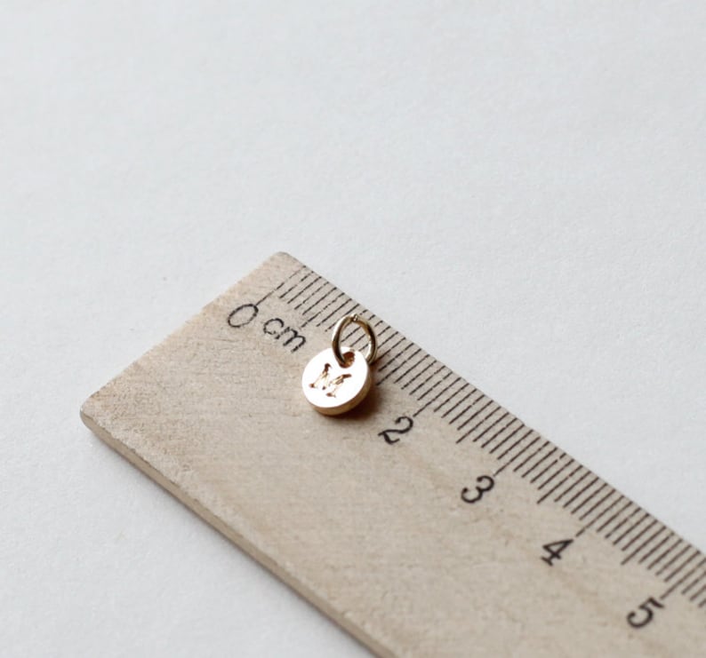 Op de afbeelding: Een kleine, goudkleurige bedel met de letter "M" gegraveerd op een ronde hanger. De bedel is bevestigd aan een kleine lus. Een houten liniaal met centimeter markeringen staat op de achtergrond.