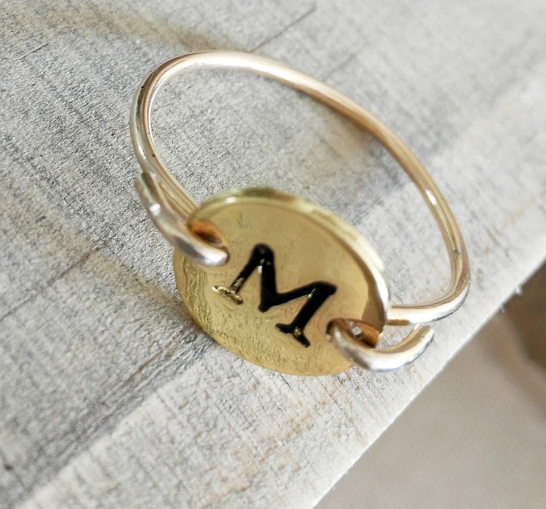 Initial Ring, Golden Wire Connect Brass Letter Round Disc, Personalized ...