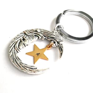 Antique Silver Keychain, Lady moon charm and personalized letter star Keychain,i love you, Mom, daughter Gift , gift for love