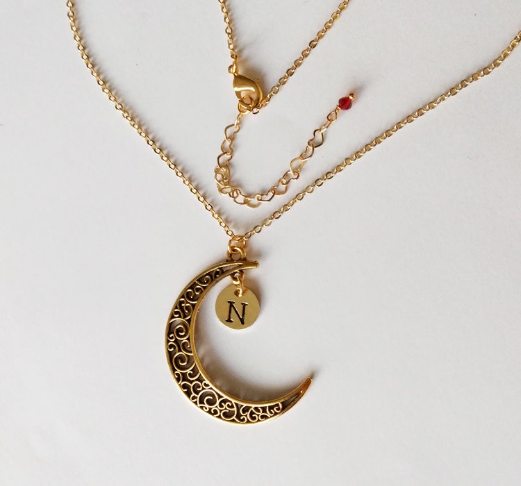 Moon Necklace Antique Golden Moon charm and personalized | Etsy