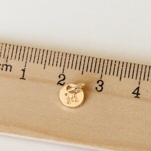 May include: A small, gold-colored charm with the letter "M" engraved on a circular pendant. The charm is approximately 0.4 inches in diameter and has a small loop for attaching to a necklace or bracelet. The charm is shown next to a ruler.