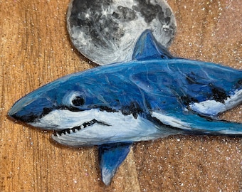 Fantasy Great White Shark with Moon painting on resin in wood tray.