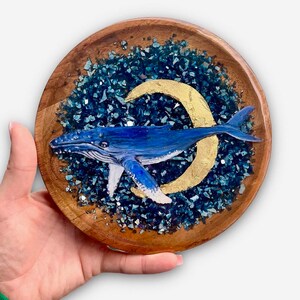 Fantasy Whale with moon painting on resin in wood tray with crushed glass