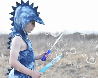 5T Blue Tie Dye  Dino Tank Top with sun cap Hood - Dino - Dino Birthday Shirt - Kids Dino Costume