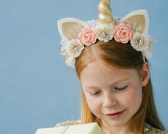 Gold Unicorn Horn Headband: Peach & Cream Flowers, Birthday Party