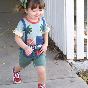 12-18 Months Unisex Boy Girl Short Legged Romper, California Truck Bear Shorty, with Suspender Look, Unisex Outfit, for Toddlers