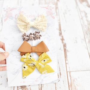 Girls Leather Linen Lace Bow Clips Barrettes for Fine Hair Strong Grip or Nylon Headbands for Newborns, Toddlers, Girls