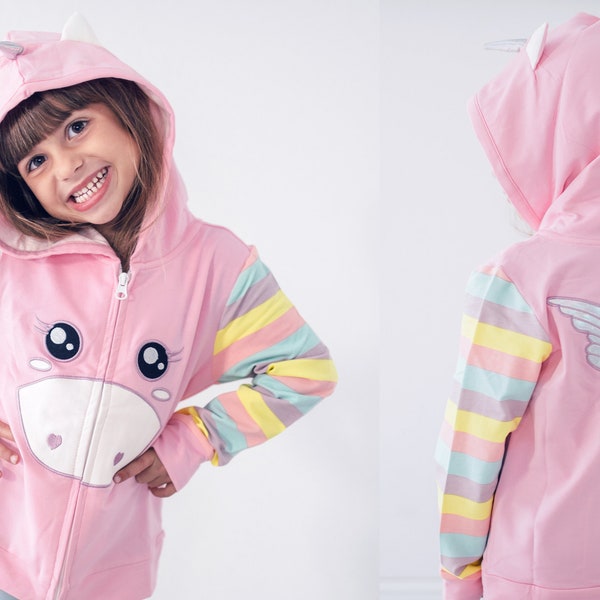 5T, 5 year Girls Clothing, Unicorn zip-up Hoodie, Wing Toddler Jacket,Rainbow Stripe ,Horse, with Ears Horn, Fun Character for kids, Cosplay