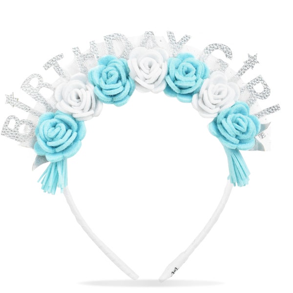 Birthday Girl Headband for Toddlers, Floral Felt Crown,  Birthday Party Supply, Tiara,  in Blue White Silver, Frozen Birthday Theme