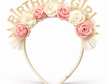 Birthday Girl Crown: Removable Faux Leather Lettering, Felt Flowers