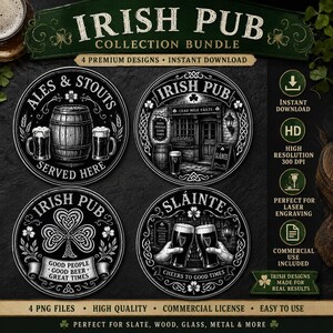 May include: A digital collection bundle featuring four circular Irish pub designs in black and white. The graphics include a barrel with beer mugs, a pub storefront, a shamrock knot, and two hands clinking glasses with the text Sláinte.