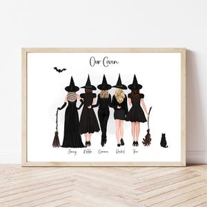 Nos amis Halloween sorcières impression A4 A3 personnalisé amusant sorcière chat noir chauve-souris impression groupe cadeau amis filles soeurs personnalisées