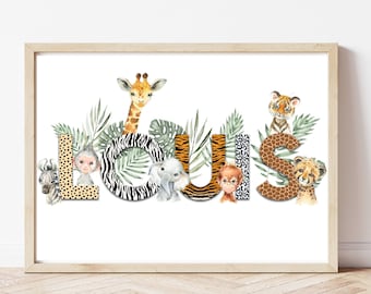 Personalised Name Zoo Safari Animals Nursery Print: Jungle Theme Decor Picture Poster Playroom Nursery Bedroom