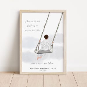 May include: Framed print with an illustration of an angel on a swing. Text reads: "I have an ANGEL Watching over me from HEAVEN... AND I CALL HER Nan." Includes the name Margaret Elizabeth Smith and dates 1947-2021. The artwork is in a light wooden frame.