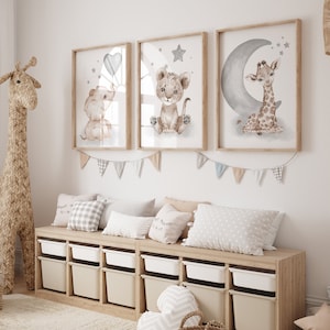 Neutral Animal Nursery Prints: Elephant, Giraffe, Lion, Hippo (Set of 3)