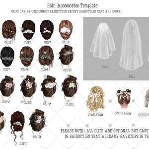 以下が含まれることがあります： ヘアアクセサリーのテンプレートで、さまざまなスタイルのヘアクリップとベールが用意されています。テキストには、「ヘアアクセサリーテンプレート」と「ほとんどのヘアスタイルで使用できますが、ダウンしているヘアスタイルは除きます。」とあります。  「ご注意ください：すべてのクリップはオプションですが、すでに髪にクリップが付いているヘアスタイルには使用できません。」