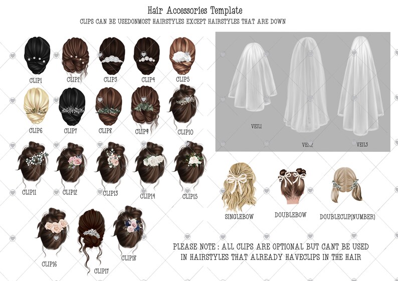 以下が含まれることがあります： ヘアアクセサリーのテンプレートで、さまざまなスタイルのヘアクリップとベールが用意されています。テキストには、「ヘアアクセサリーテンプレート」と「ほとんどのヘアスタイルで使用できますが、ダウンしているヘアスタイルは除きます。」とあります。  「ご注意ください：すべてのクリップはオプションですが、すでに髪にクリップが付いているヘアスタイルには使用できません。」