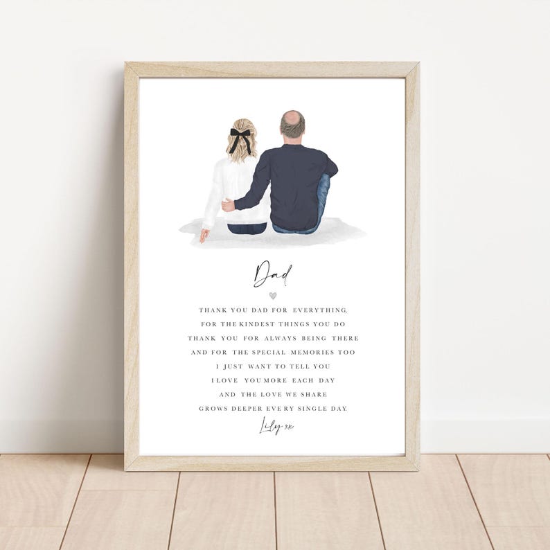 Peut inclure: Une impression d'art imprimable avec une illustration dessin&eacute;e &agrave; la main d'un p&egrave;re et de sa fille assis dos &agrave; dos. Le texte dit "Papa" et comprend un message sinc&egrave;re sur l'amour entre un p&egrave;re et sa fille.