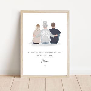 May include: A framed illustration of three people standing back to back. The person in the middle has angel wings and a halo. The text reads "We have an angel looking over us, and we call her... Mum".