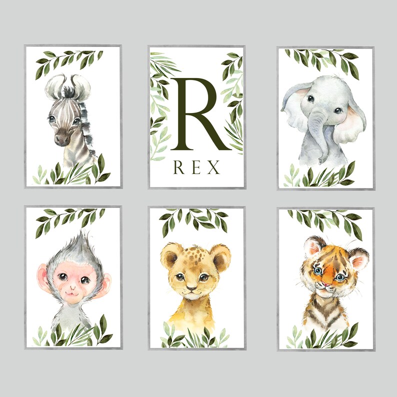 Set of 6 Nursery Animal Prints Wall Art Baby Room Personalised Etsy