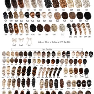 Peut inclure: Un tableau de 100 coiffures diff&eacute;rentes pour femmes, chaque style &eacute;tant &eacute;tiquet&eacute; avec un num&eacute;ro. Les coiffures comprennent des chignons, des queues de cheval, des tresses et des ondulations l&acirc;ches. Le tableau est intitul&eacute; "Mod&egrave;le de cheveux".