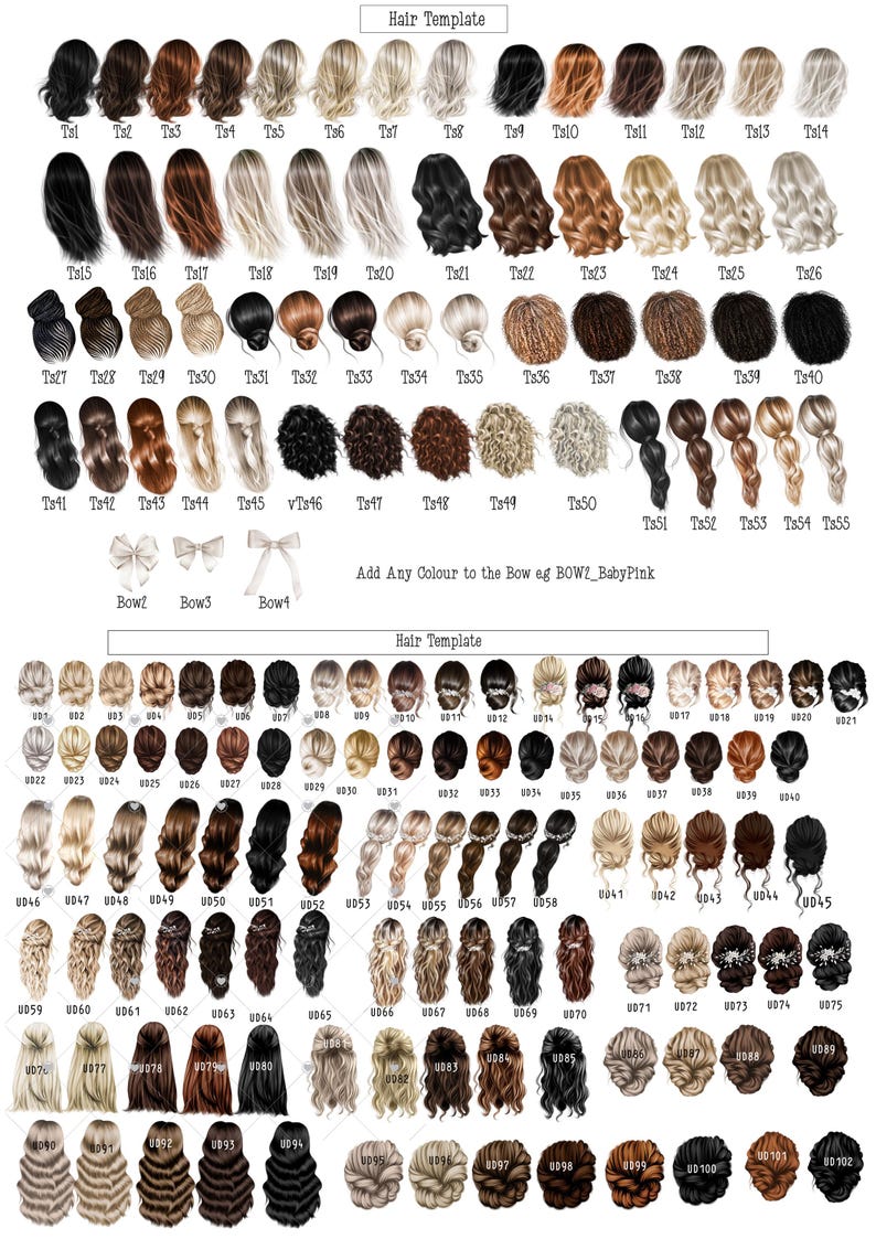 Peut inclure: Un tableau de 100 coiffures diff&eacute;rentes pour femmes, chaque style &eacute;tant &eacute;tiquet&eacute; avec un num&eacute;ro. Les coiffures comprennent des chignons, des queues de cheval, des tresses et des ondulations l&acirc;ches. Le tableau est intitul&eacute; "Mod&egrave;le de cheveux".