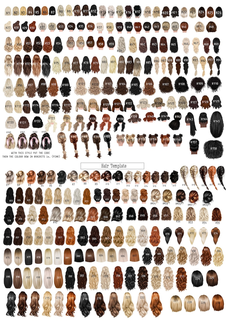 Puede incluir: Un gr&aacute;fico de 256 peinados diferentes para usar en arte digital o dise&ntilde;o gr&aacute;fico. Los peinados est&aacute;n numerados y organizados en filas. El gr&aacute;fico incluye una variedad de colores de cabello, longitudes y estilos.