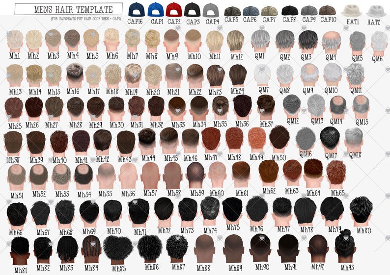 Puede incluir: Un gr&aacute;fico de 93 peinados masculinos diferentes, con cada peinado etiquetado con un c&oacute;digo. El gr&aacute;fico tambi&eacute;n incluye 11 estilos de sombreros diferentes, cada uno etiquetado con un c&oacute;digo.