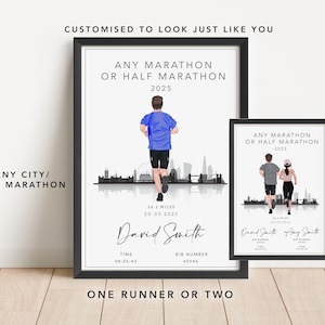 May include: Two framed prints, one large and one small, with running figures. The larger print shows a runner in blue, the smaller print shows two runners. Text includes "ANY MARATHON OR HALF MARATHON 2025" and "26.2 miles". Includes names and race details.