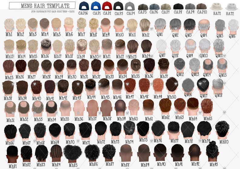 Peut inclure: Un tableau pr&eacute;sentant 93 coiffures masculines diff&eacute;rentes, avec une vari&eacute;t&eacute; de couleurs et de styles de cheveux. Le tableau comprend &eacute;galement 12 chapeaux diff&eacute;rents, notamment des casquettes de baseball, des bonnets et des fedoras.