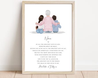 Nan Nanny Gran Granny Grandma Gift Print Birthday Gift Gifting A4 or A3 Unframed Print Personalised Grandchildren Thank you  Picture Back