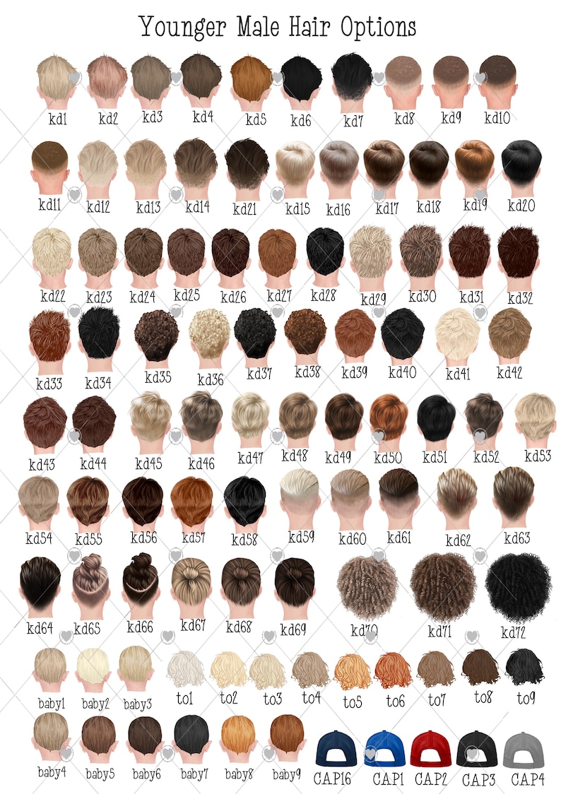 Puede incluir: Un gr&aacute;fico de 72 peinados diferentes para hombres j&oacute;venes. Los peinados est&aacute;n numerados y etiquetados con el prefijo 'kd'. Tambi&eacute;n hay 9 opciones de sombreros diferentes etiquetados con los prefijos 'tol', 'to', 'cap'.