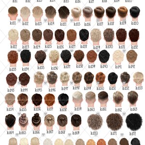 Peut inclure: Un tableau de 72 coiffures diff&eacute;rentes pour les jeunes hommes. Les coiffures sont num&eacute;rot&eacute;es et &eacute;tiquet&eacute;es avec le pr&eacute;fixe 'kd'. Il y a aussi 9 options de chapeaux diff&eacute;rentes &eacute;tiquet&eacute;es avec les pr&eacute;fixes 'tol', 'to', 'cap'.